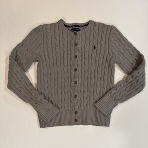 Ralph Lauren Girls Button Up Cable Knit Sweater Gray with Purple Pony Size 10-12
